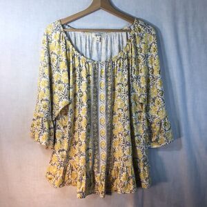 Style & Co. Size xl White w Yellow Brown Flowers Knit Top Shirt Ruffled Sleeves